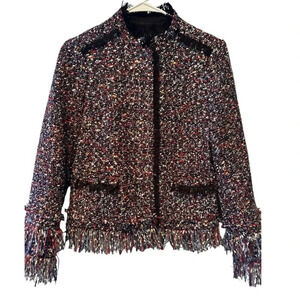 ANN TAYLOR EUC TWEED FRINGE JACKET RED BLUE MULTI COLOR FALL WINTER TOP SIZE XXS